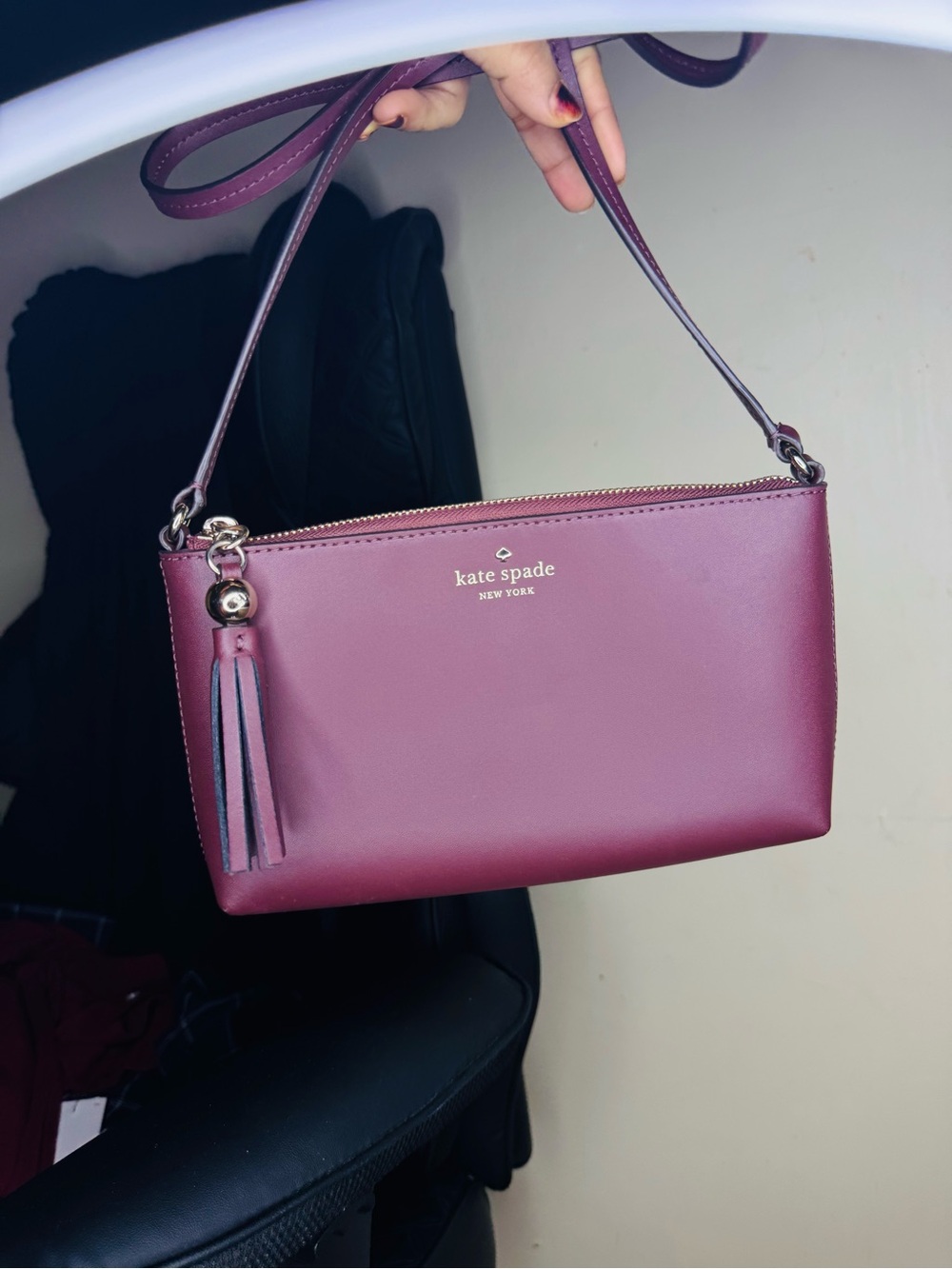 kate spade Plum Leather Crossbody with Tassel Accent - Berry